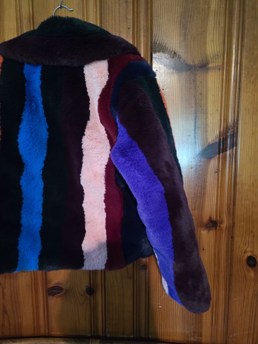 Multicolor Faux Fur Bomber Jacket - Women's Bold Stripe Coat - Picture 13 of 16